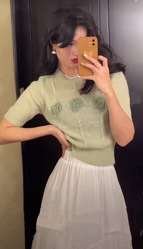 法式气质款娴雅手钩小花短袖套头毛针织衫短款衫女打底衫针织