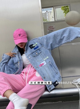 法式潮牌胸章彩色贴标牛仔短外套女外套香风小外套香风女小外套