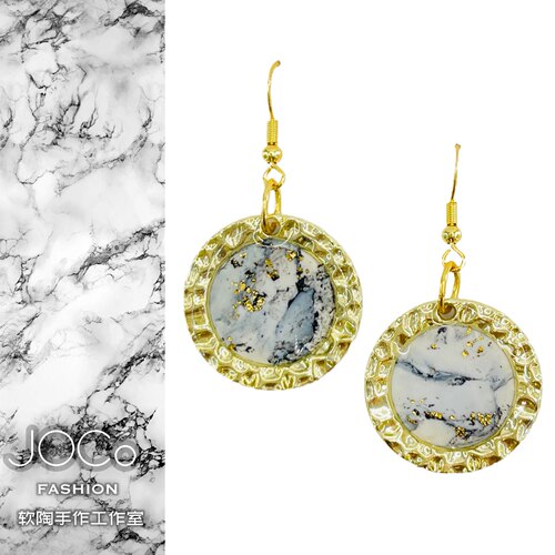 JOCo Fashion｜气质北欧风大理石纹理手工软陶圆形耳环925银耳饰