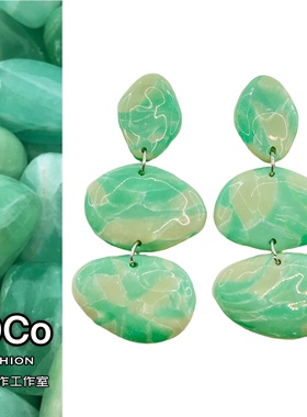 JOCo Fashion｜复古手作层次纹理感仿矿石透光软陶耳环镀白金耳钉