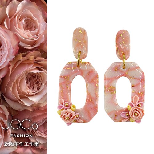 JOCo Fashion｜北欧风透光粉岩立体玫瑰手作软陶耳环925银耳针
