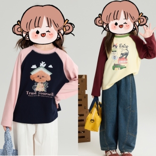 T恤女童撞色设计感打底衫 基础实穿单品 长袖 170卡通风插肩袖 120