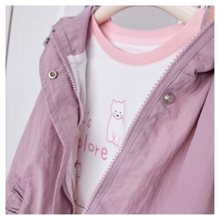 JU好穿！120-160女童秋季防风连帽外套 荷叶花边帽公主风粉紫外套