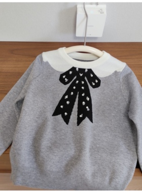 气质公主风 韩版春款针织衫 女童灰色假领长袖毛衣钉珠撞色蝴蝶结