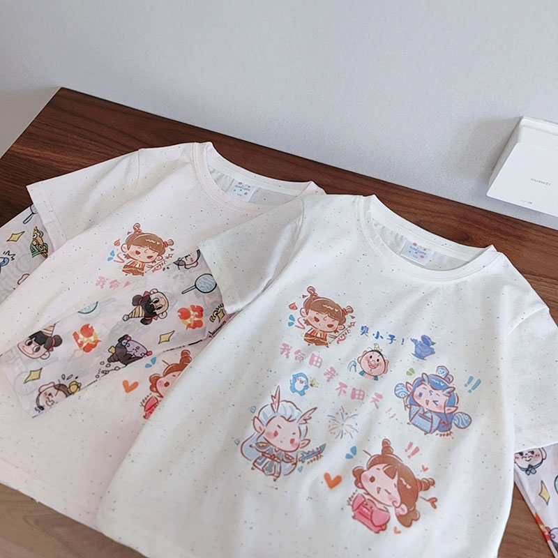 实用单品哦  120-160男女童夏透气网眼防晒袖卡通印花T恤 假两件T