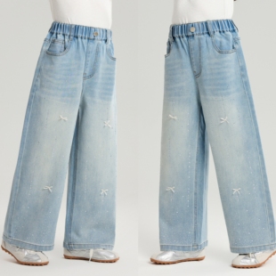 重工对称烫钻工艺！女童春秋宽松牛仔裤中大童蝴蝶结直筒阔腿长裤