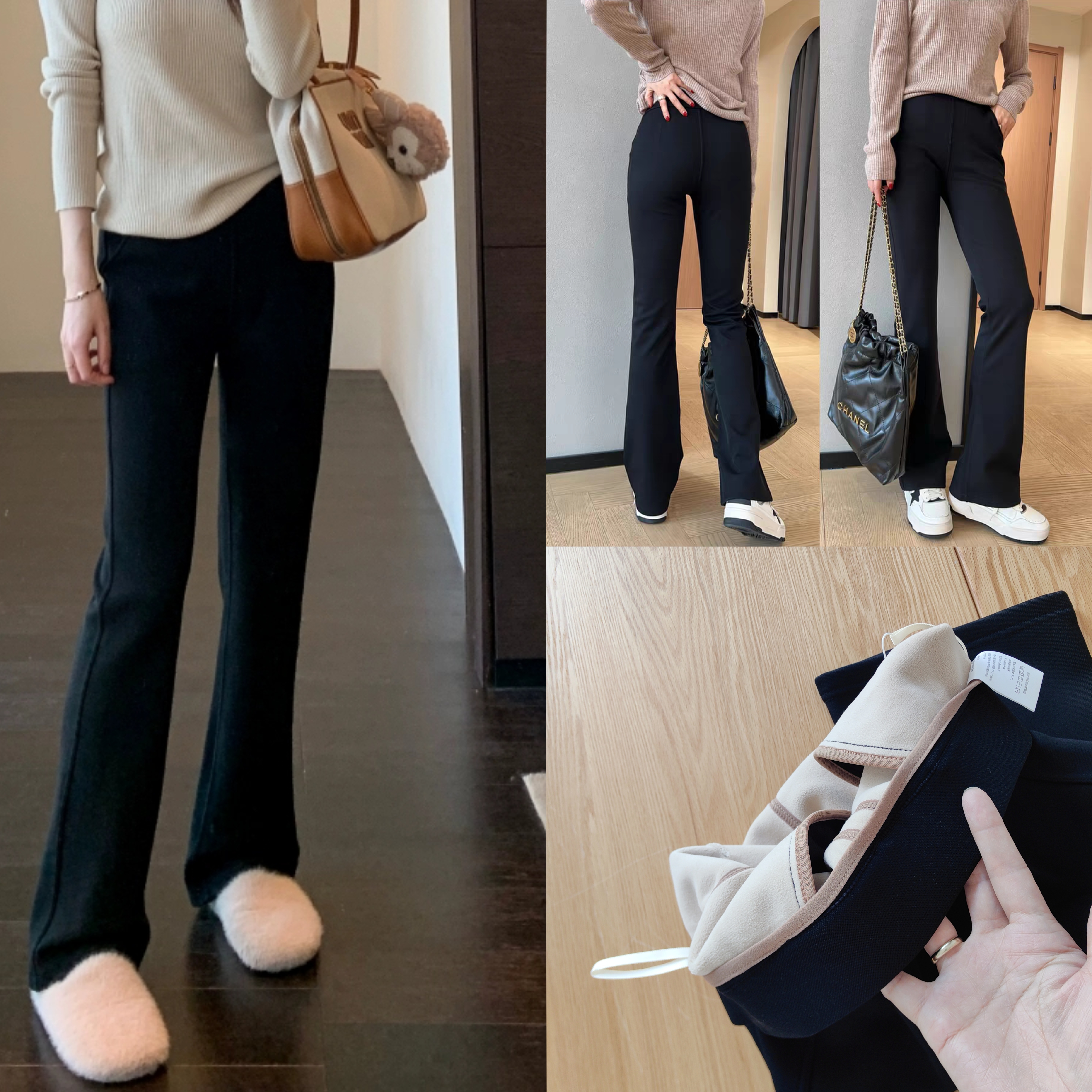 封神超模裤！JU显瘦加绒加厚锦纶弹力黑色女士微喇裤 保暖弹力裤