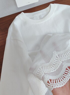 设计师款 纯棉的 110-170 女童春夏拼接花边中长款T恤 时尚打底衫