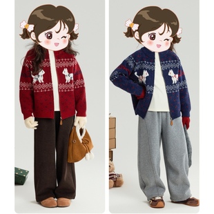 小贵但超好  厚实垂顺男女童冬季卡通狗刺绣针织拉链开衫 费尔岛