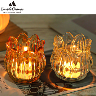 欧式复古郁金香玻璃蜡烛杯法式烛台七夕浪漫晚餐桌面香氛围摆件