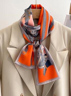 春夏季百搭显气质高级感橙色丝巾小长条女发带绑包飘带装饰领巾