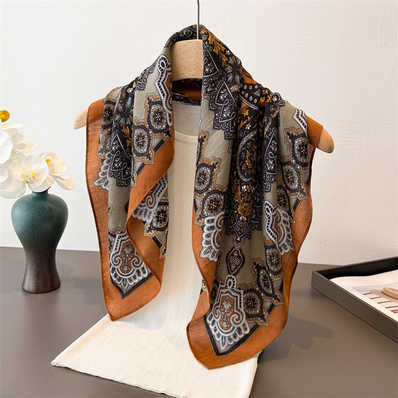 秋冬人字纹棉麻质感小方巾女复古老钱风印花装饰围巾百搭护颈围脖