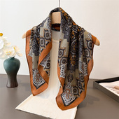 秋冬人字纹棉麻质感小方巾女复古老钱风印花装 饰围巾百搭护颈围脖