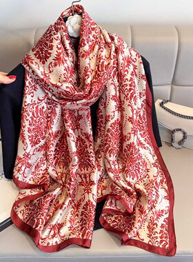 仿真丝红色围巾女春秋百搭长方形薄款丝巾旅游拍照气质外搭披肩夏