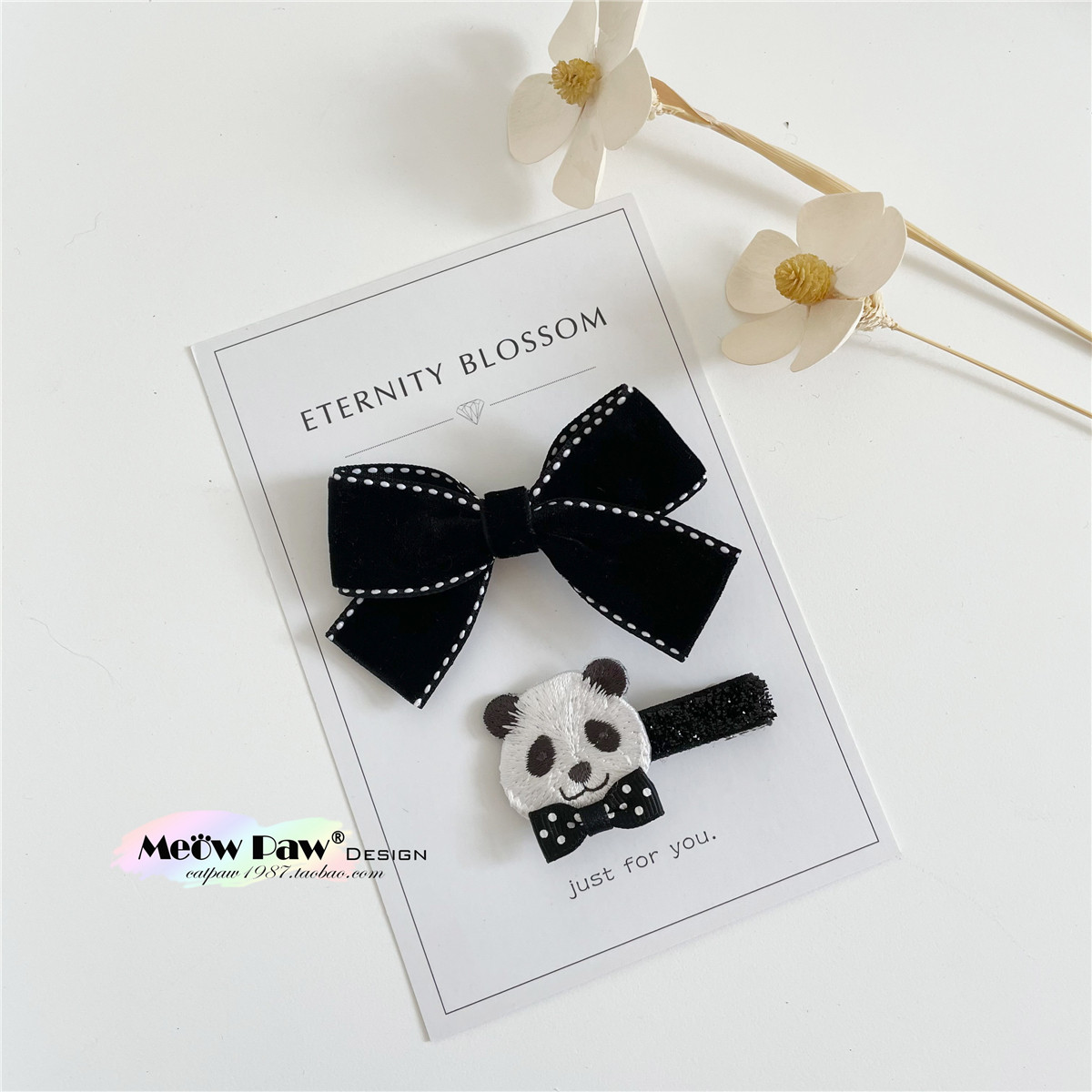 小喵爪手作原创萌萌哒刺绣领结熊猫蝴蝶结女童宝宝安全发饰对夹