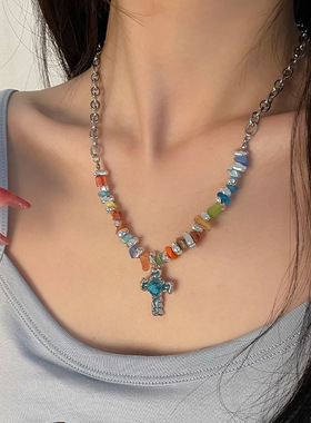 欧美彩石蓝色十字架项链时尚个性小众气质轻奢高级感项饰女