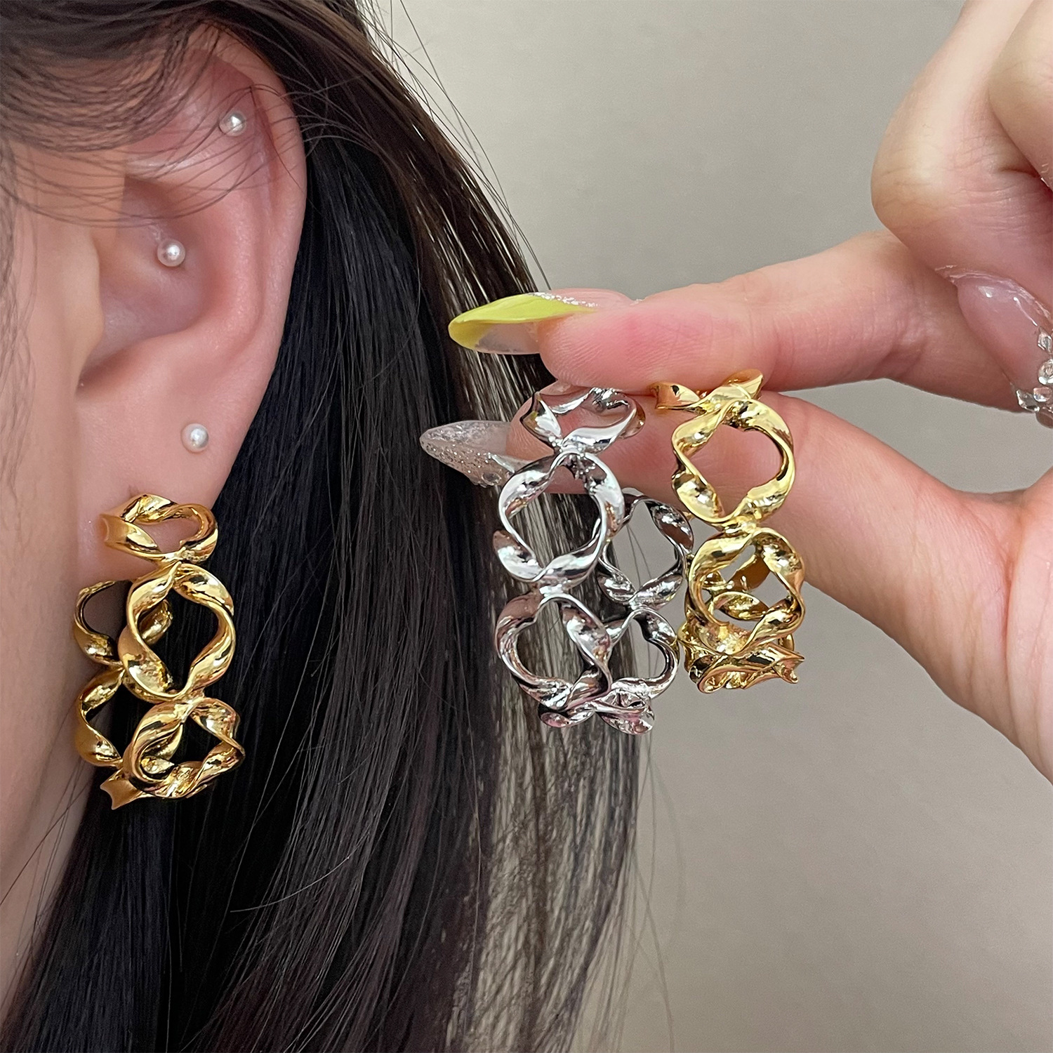 冷淡风褶皱链条C形925银针耳环小众设计女耳钉时尚轻奢高级感耳饰