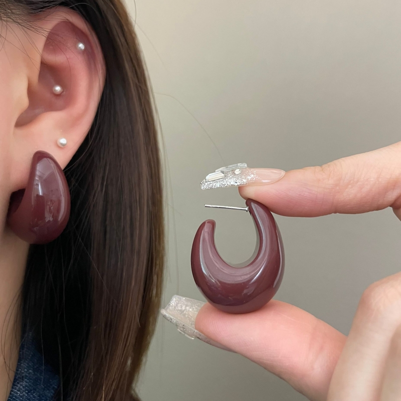 复古港风C形耳环女S925银针暗酒红色水滴耳圈耳坠气质显肤白耳饰