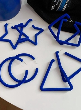 欧美夸张亚克力植绒克莱因蓝色五角星圆圈三角形耳环耳夹无耳洞女
