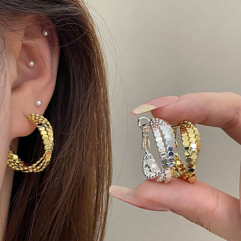 欧美金属感波光粼粼扭曲麻花圆圈925银针耳扣简约小众气质耳环女