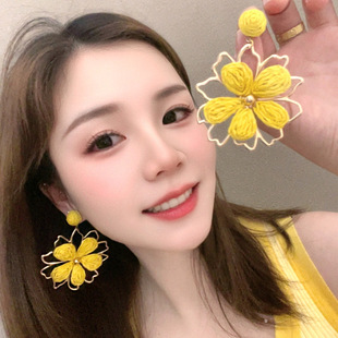 彩色度假发编织太阳花海边耳环925银针无耳洞耳夹高级感时尚耳饰