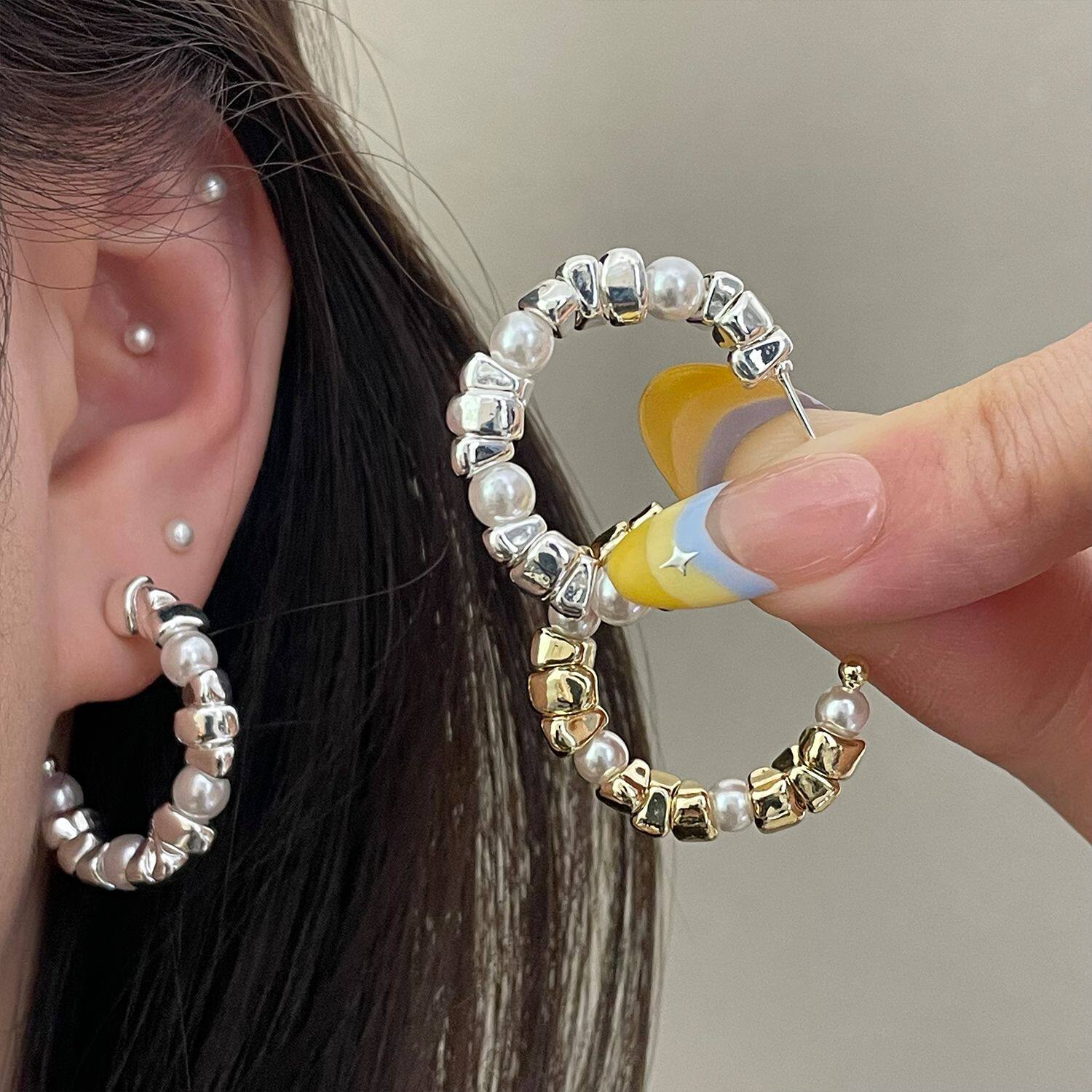 小众设计感冷淡风碎银子珍珠C形925银针个性简约百搭气质耳钉耳饰