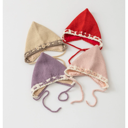 婴儿帽子秋冬小花包头帽纯棉护耳帽手工针织帽女宝宝无骨毛线帽韩