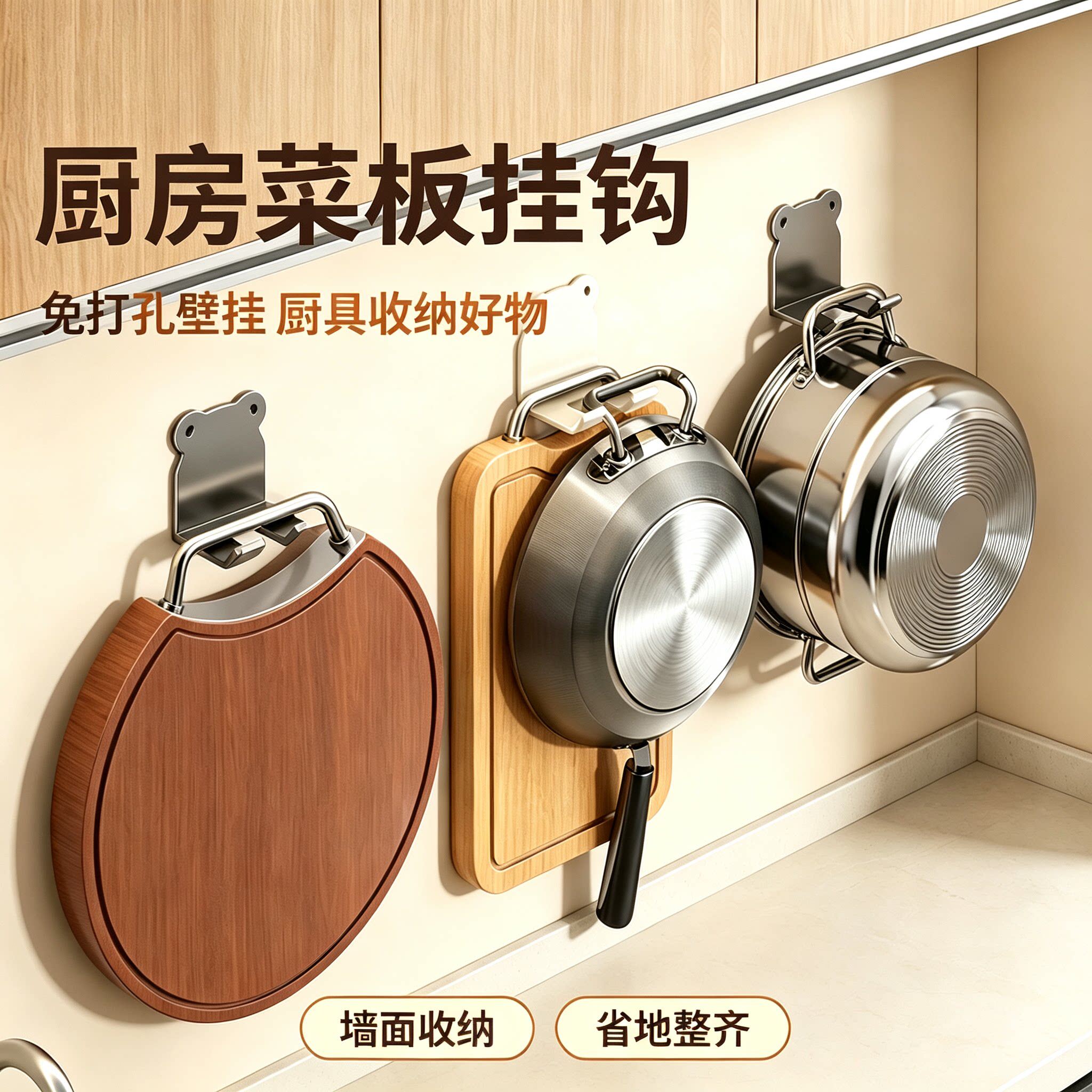 厨房菜板挂钩免打孔砧板专用置物架案板挂架粘胶稳固承重挂墙好物