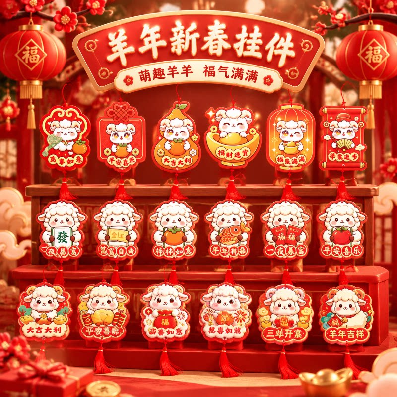 2027羊年生肖新年挂饰乔迁盆景新居挂件春节装饰吊卡