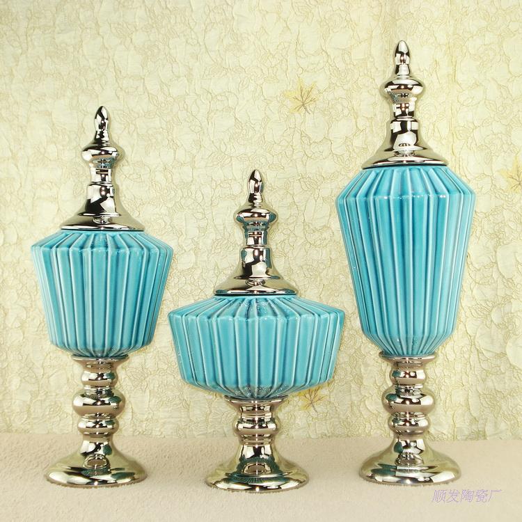 欧式陶瓷摆件三件套蓝色罐办公室玄关装饰工艺品现在客厅家居创意
