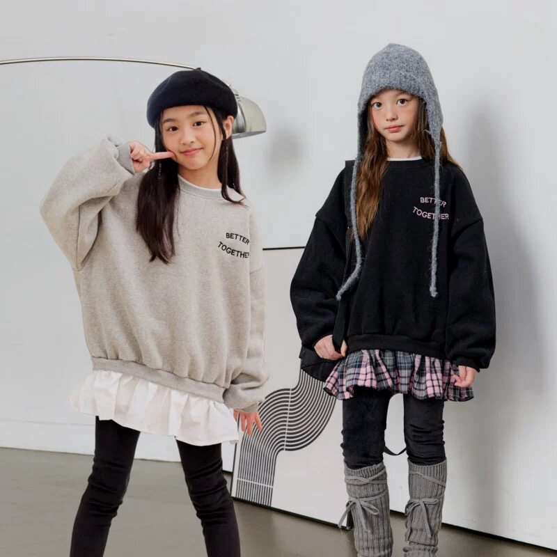 韩版童装秋冬女童印字加绒卫衣宝宝假两件卫衣连衣裙