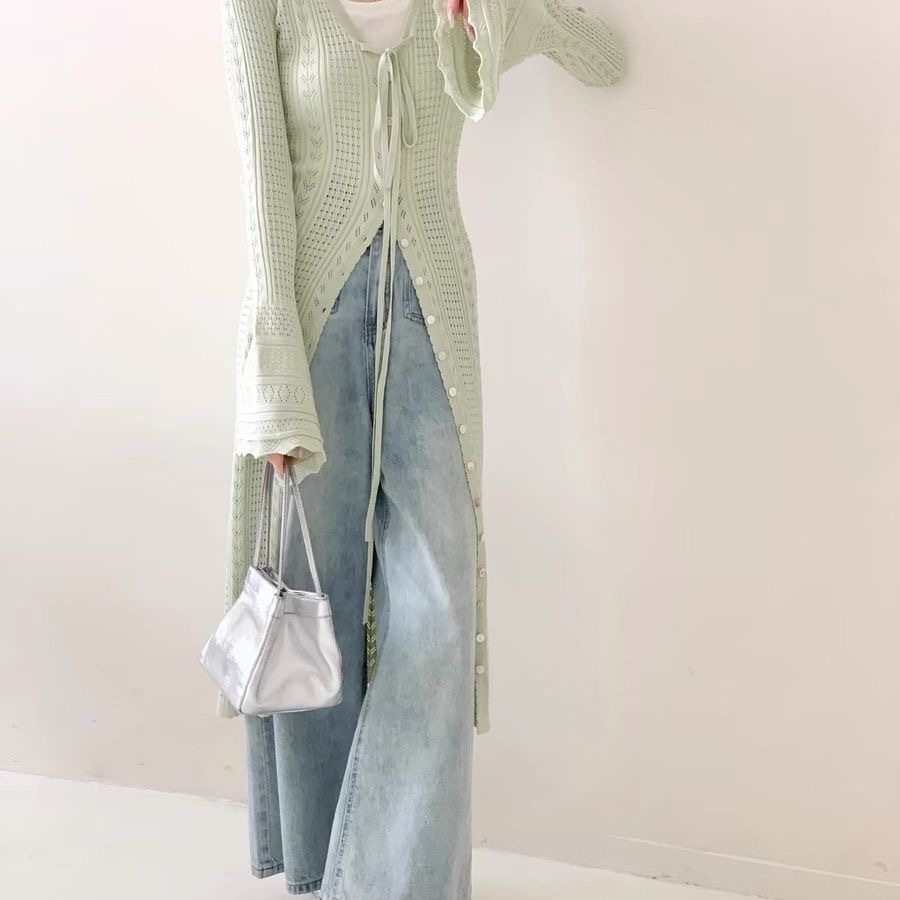【徐若晗爱你沈惜凡同款】针织开衫女长款外搭修身显瘦喇叭袖外套