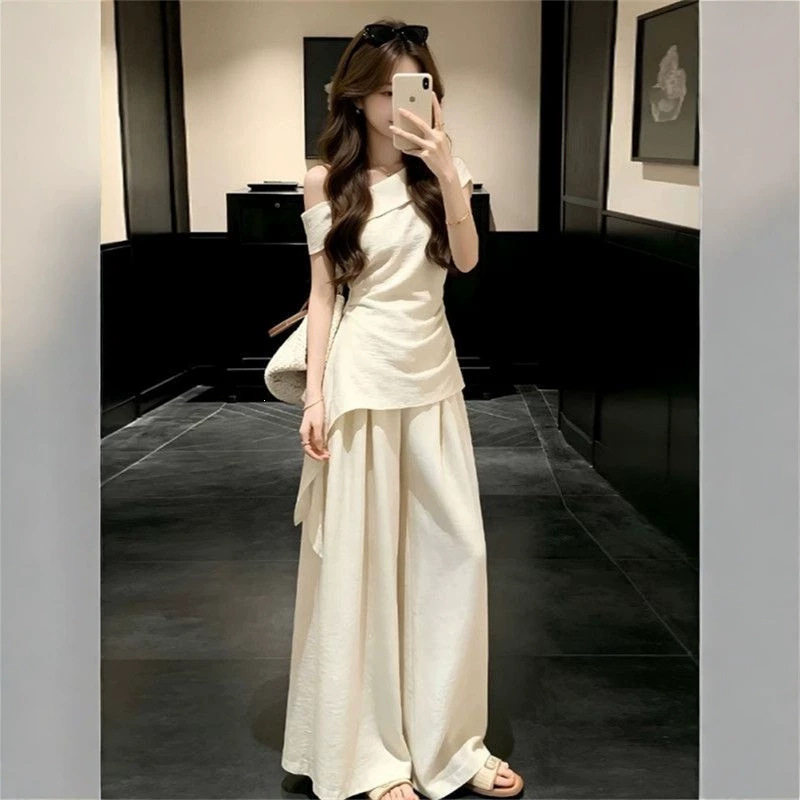 时尚套装2026夏季新款女斜肩抽褶飘带修身上衣高腰阔腿裤两件套装