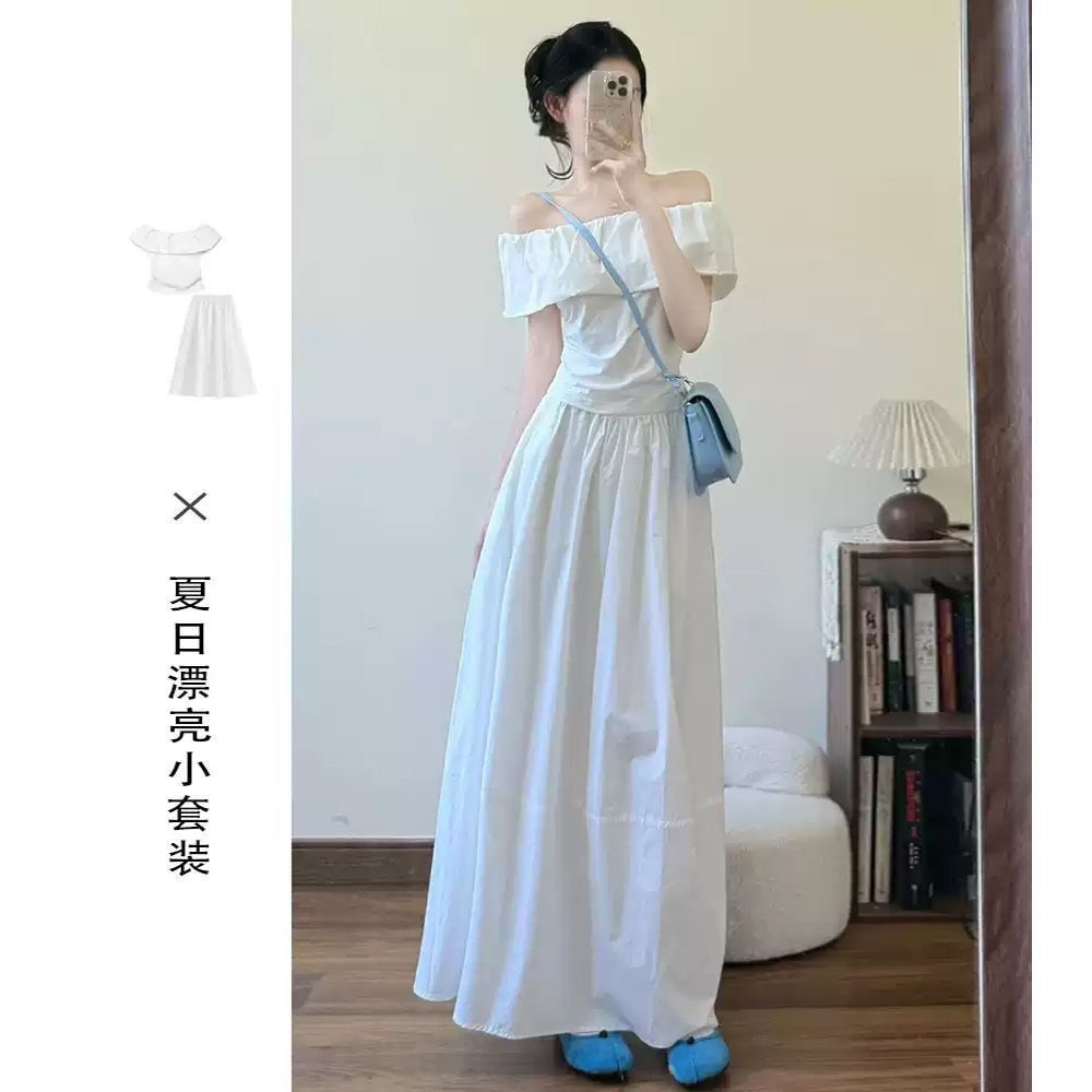 一字肩白色露肩连衣裙子女夏季新款漂亮长裙初夏穿搭套装