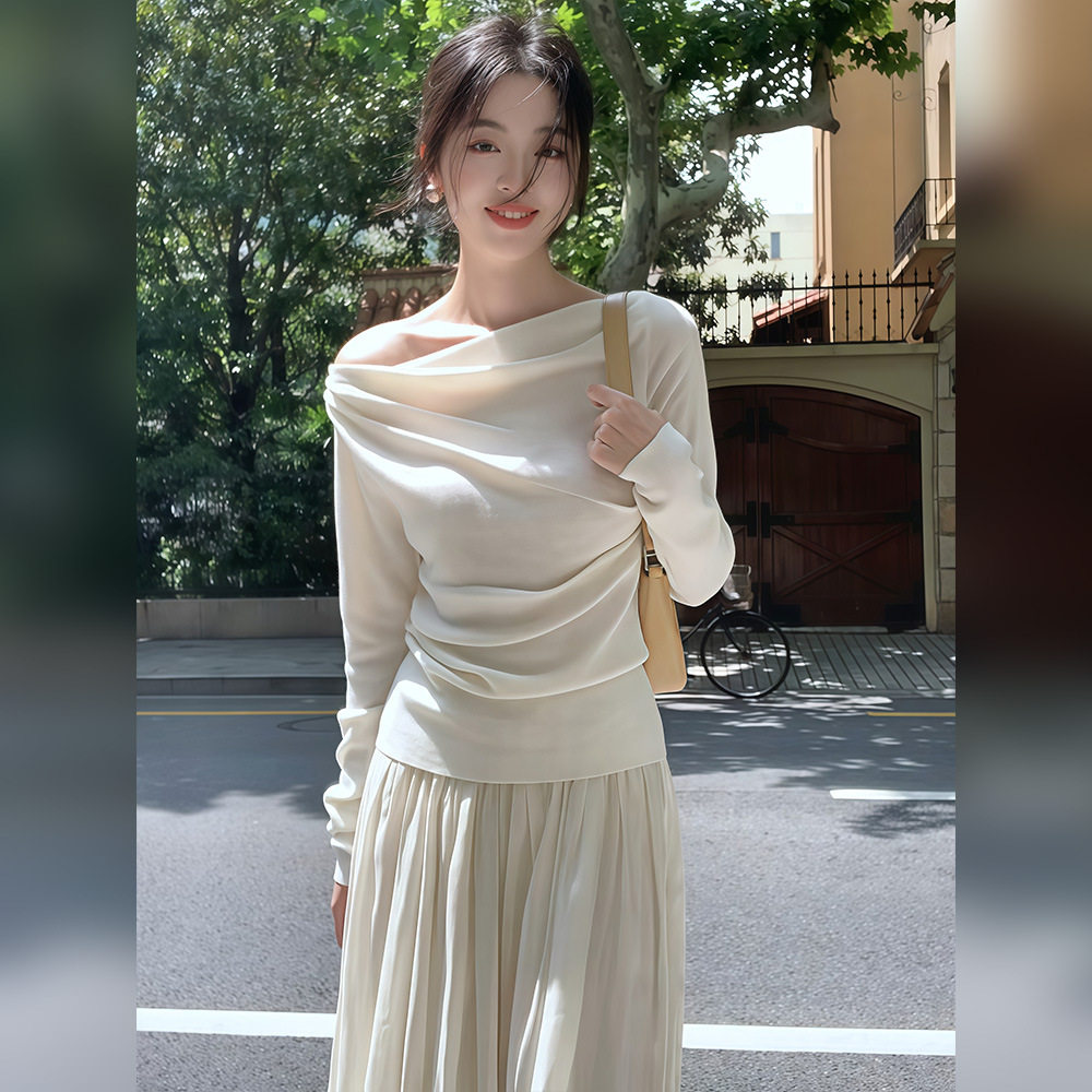 白色荡领露肩一字肩针织长袖T恤2026春秋新款女装设计感纯欲上衣