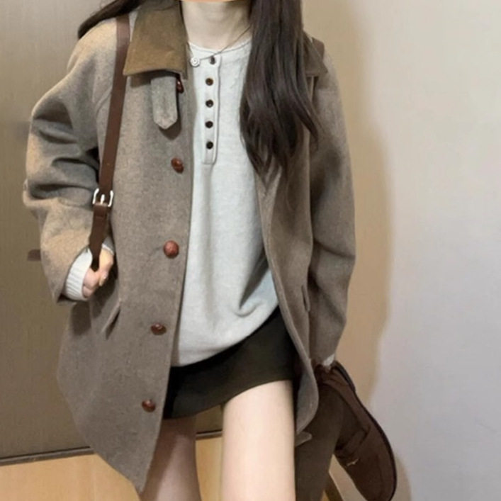复古韩系毛呢外套女秋季2026新款高级感小个子翻领小香风呢子大衣