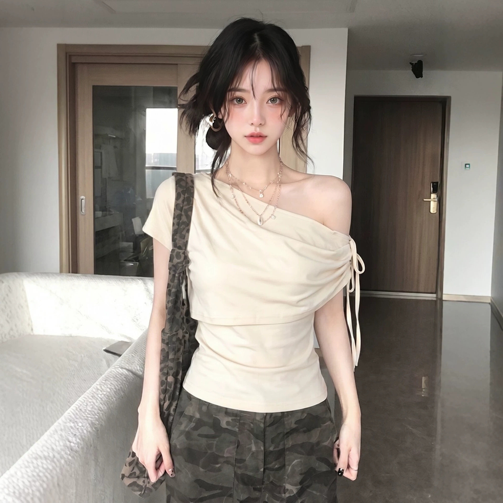 斜肩绑带短袖t恤女夏季穿搭设计感露肩tee不规则修身显瘦辣妹上衣