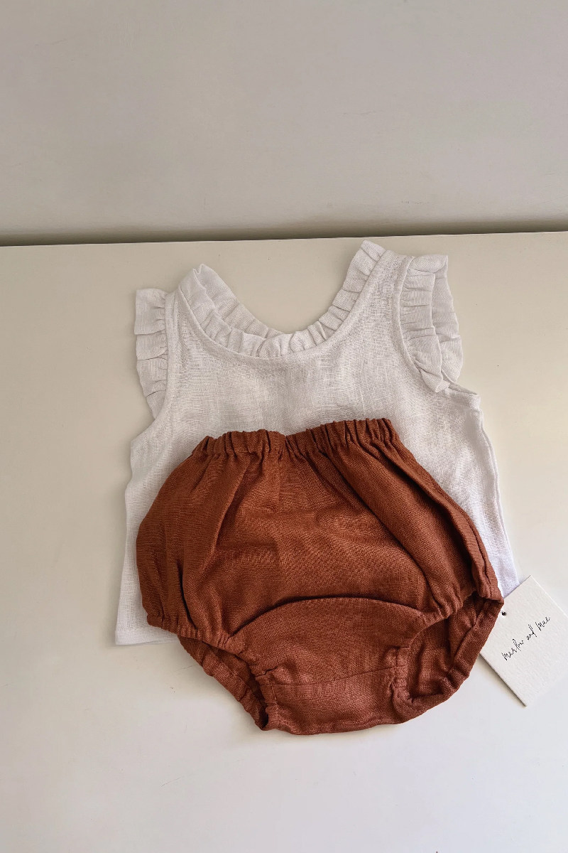 衿依亚麻夏季新款吸湿排汗套装婴儿无袖背心+花苞裤短裤套装4046