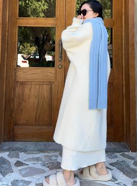 康赛妮纯羊绒围巾 240g7针2线长款超厚实麻花绞花围巾 伦敦红蓝色