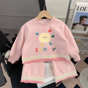 女童套装 女孩春秋网红两件套潮 2025新款 韩系女宝宝花边卫衣喇叭裤