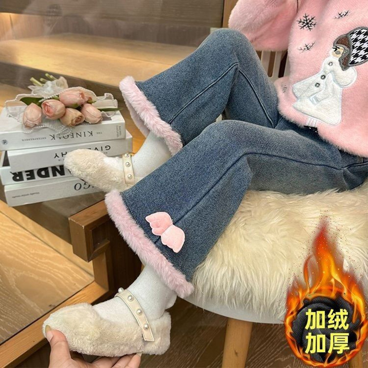 女童加绒牛仔裤2025冬季新款中小童韩版宝宝加厚喇叭裤花边保暖裤,童装/婴儿装/亲子装,儿童牛仔裤,淘宝优惠券,粉丝福利购,淘宝优惠卷