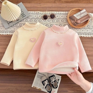 女童加绒打底秋冬甜美内搭半高领加厚上衣秋衣套头娃娃领保暖长袖