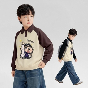男童撞色卡通学生中大童翻领加绒上衣男孩潮 冬装 童装 儿童卫衣长袖
