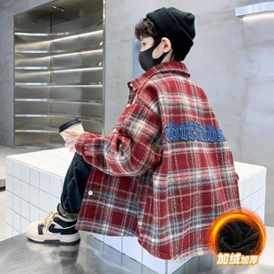 男童加绒加厚格子衬衫外套2025新款春秋季保暖一体绒时尚潮流上衣