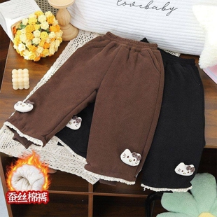 女童丝绒棉儿童秋冬加厚一条过冬超厚卡通kt猫蕾丝花边直筒厚裤子
