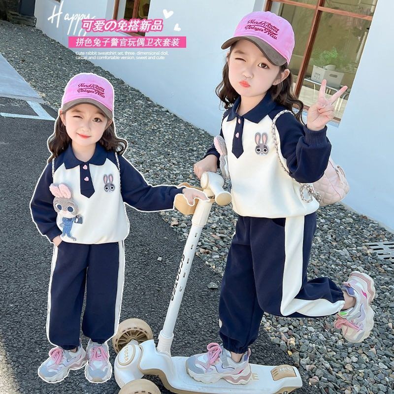 2025秋季新款女童polo衫套装儿童韩版兔子警官卫衣卫裤翻领两件套