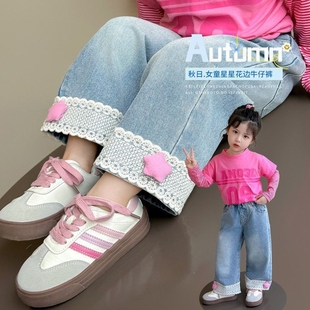 儿童韩版 新款 直筒阔腿裤 宝宝秋装 子 女童牛仔裤 宽松百搭长裤 春秋季