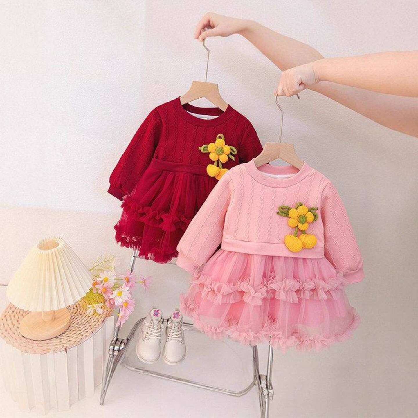 童装女童连衣裙秋冬季一体绒婴儿童女宝宝假两件网纱蛋糕公主裙子