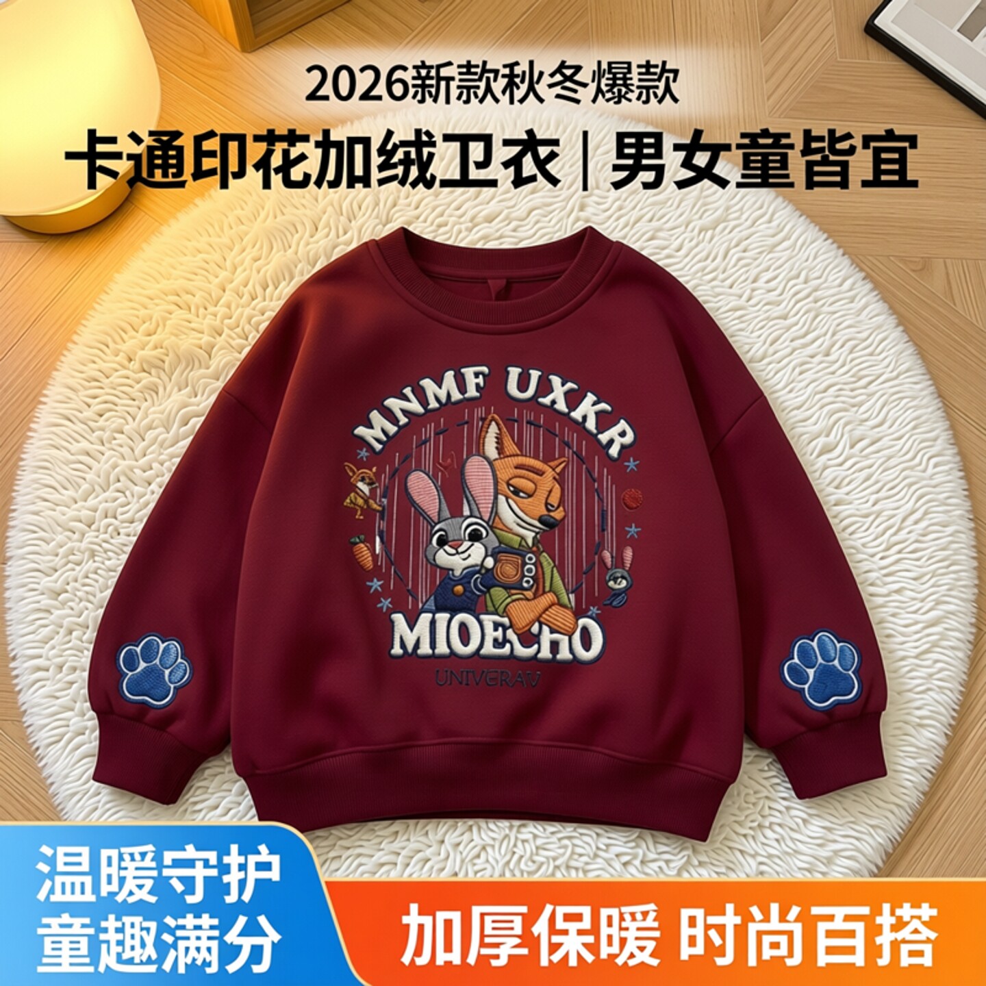 男女童秋冬季卫衣2026新款卡通印花一体加绒加厚打底衫保暖上衣