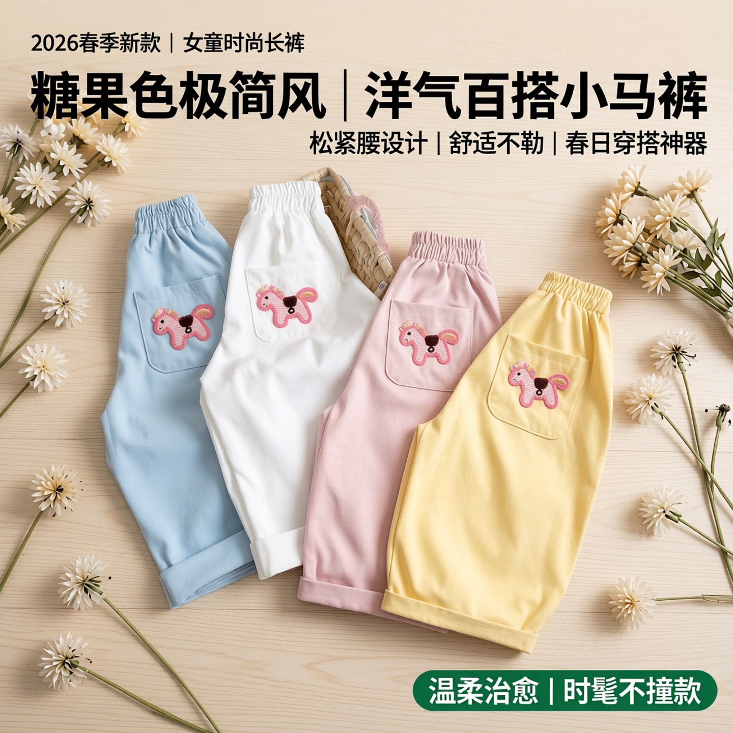 女童春季2026时尚百搭女宝宝洋气松紧长裤极简风时髦糖果色潮裤